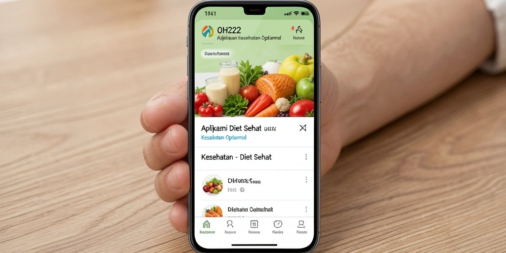 Tampilan antarmuka aplikasi OH222 dengan fitur diet sehat.